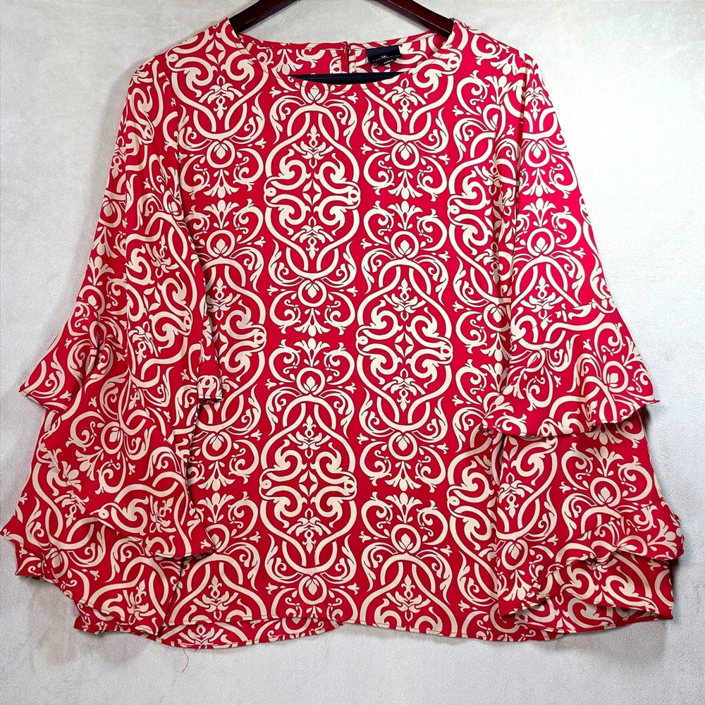 Worthington Womens Red Cream Damask Ruffle Bell Sleeve Blouse Top Size M